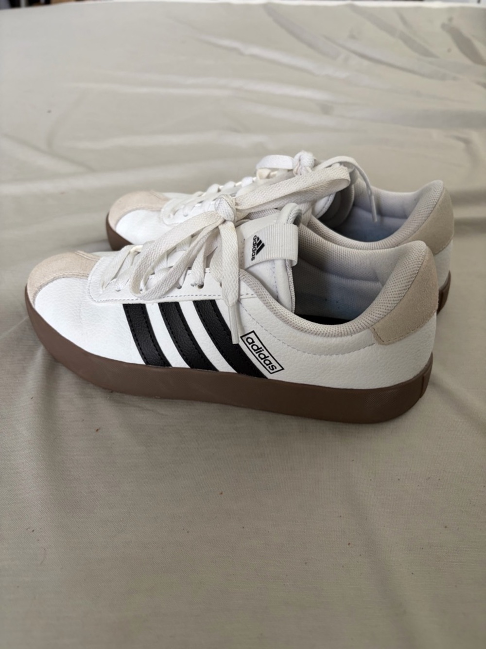 adidas White Sneakers with Black Stripes and Brown Sole (Women)